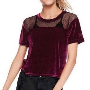 PINK Victorias Secret  Velour Black Mesh Short Sleeve Top Size Small